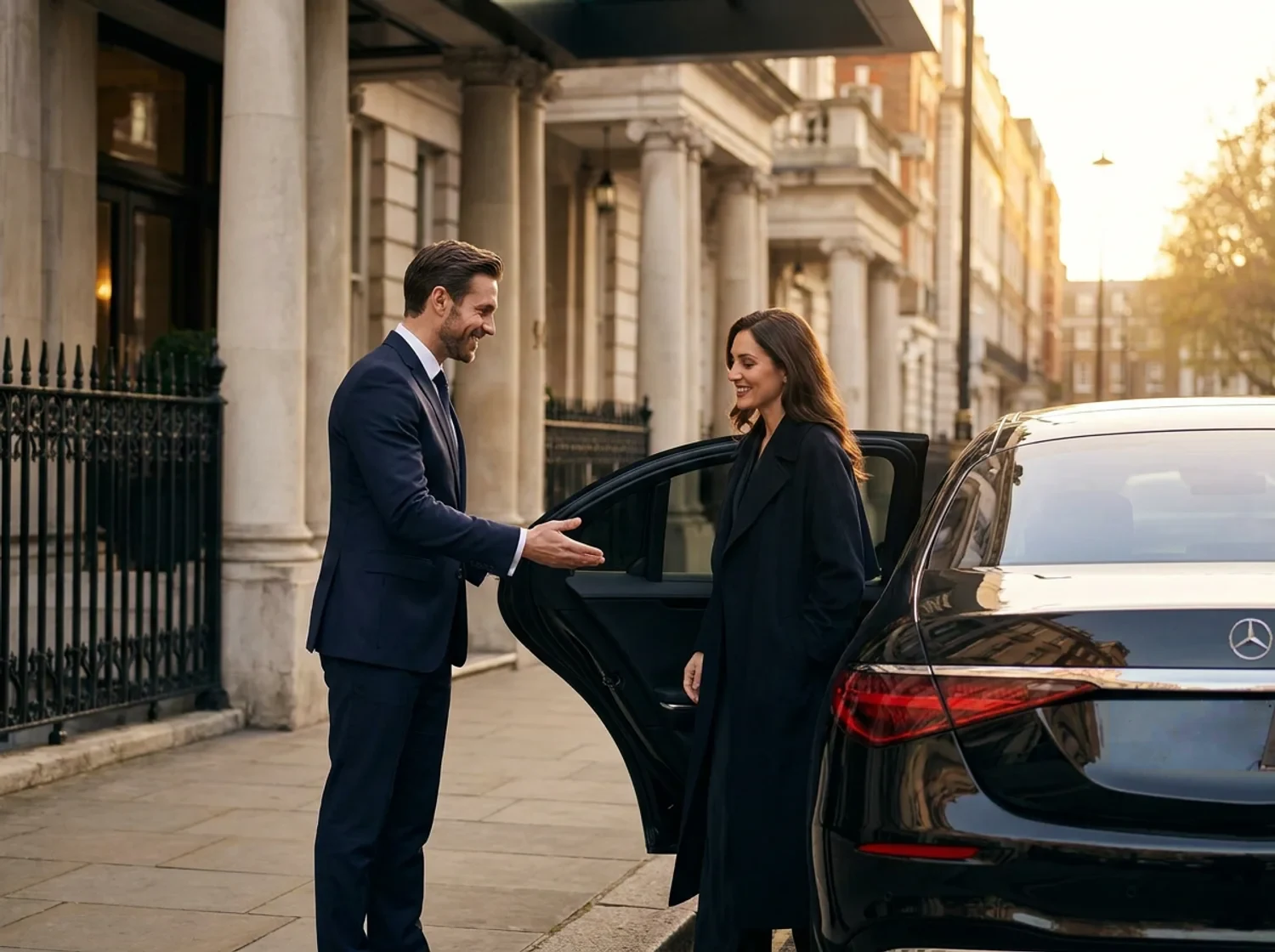 A chauffeur welcoming a VIP guest at a luxury London hotel entrance beside a black executive car