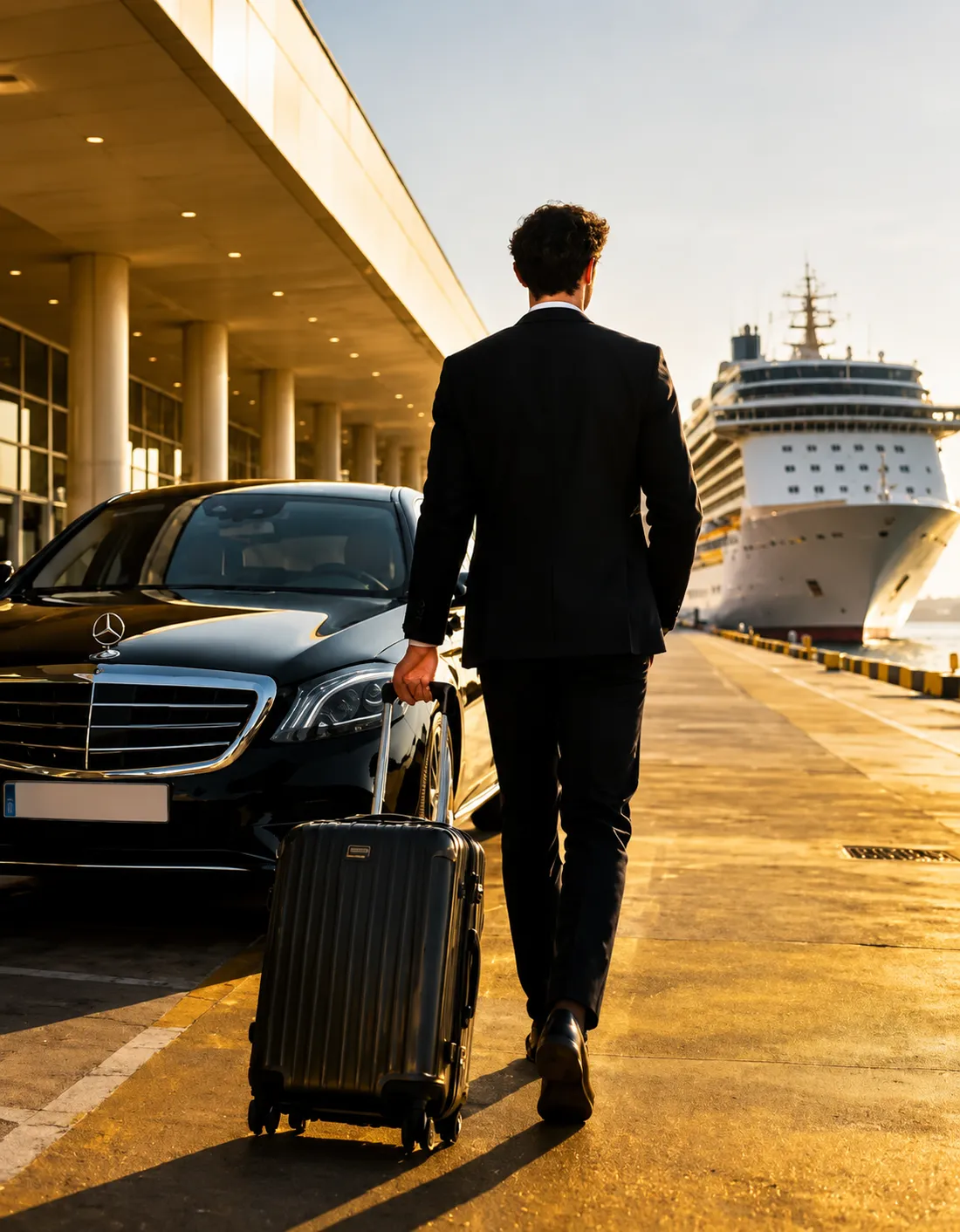A chauffeur in a dark suit walking with a suitcase towards a cruise ship at the terminal, a black Mercedes-Benz saloon beside him