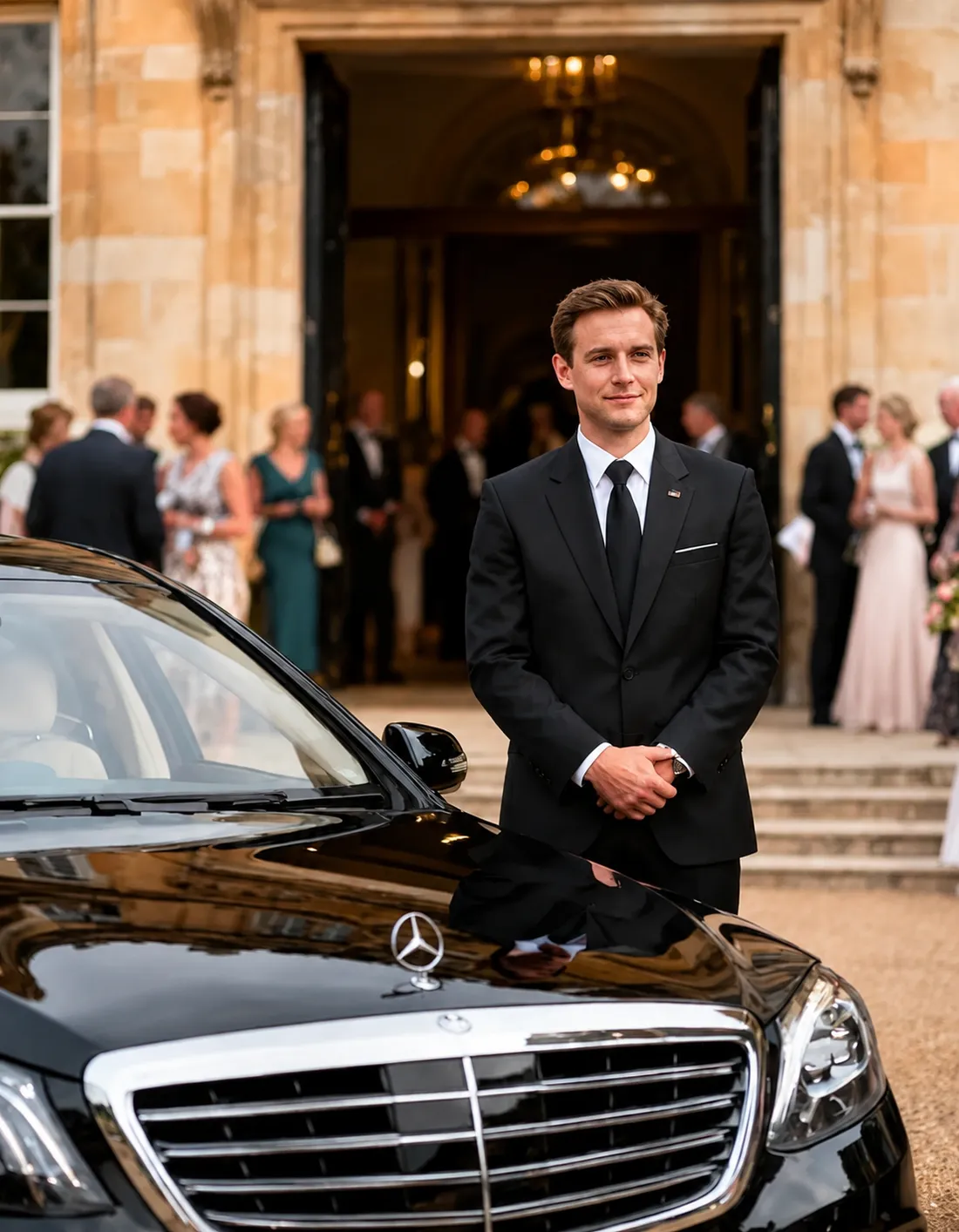 A smiling chauffeur in a dark suit standing beside a black Mercedes-Benz S-Class outside a grand event venue as formally dressed guests arrive
