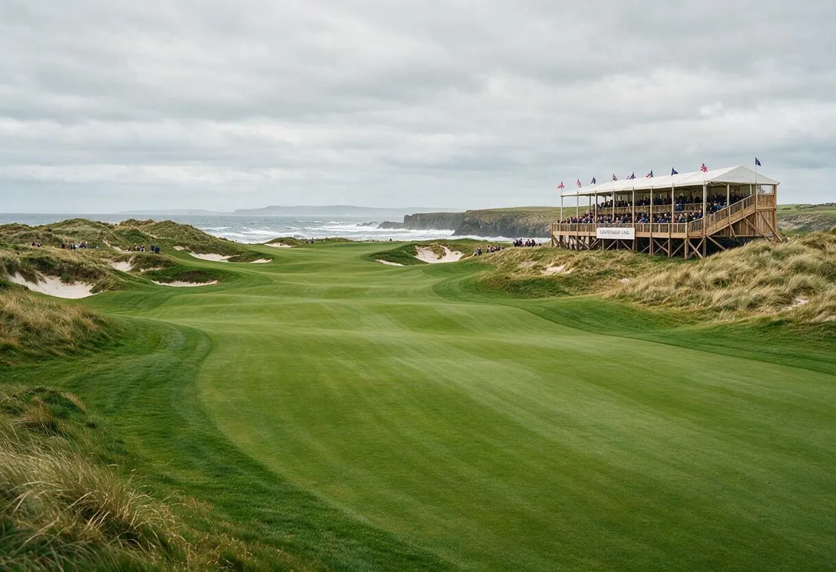 Coastal championship links golf course with a spectator grandstand under an overcast sky