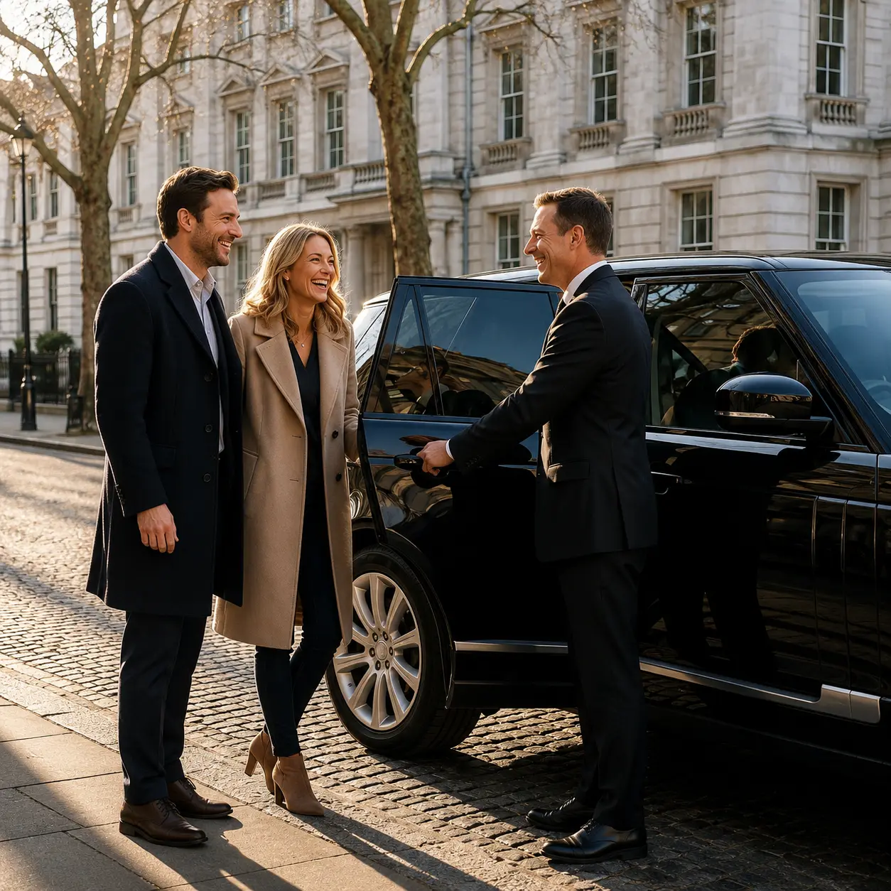 A smiling couple greeted by a bare-headed chauffeur holding open the door of a black Range Rover outside a grand London building