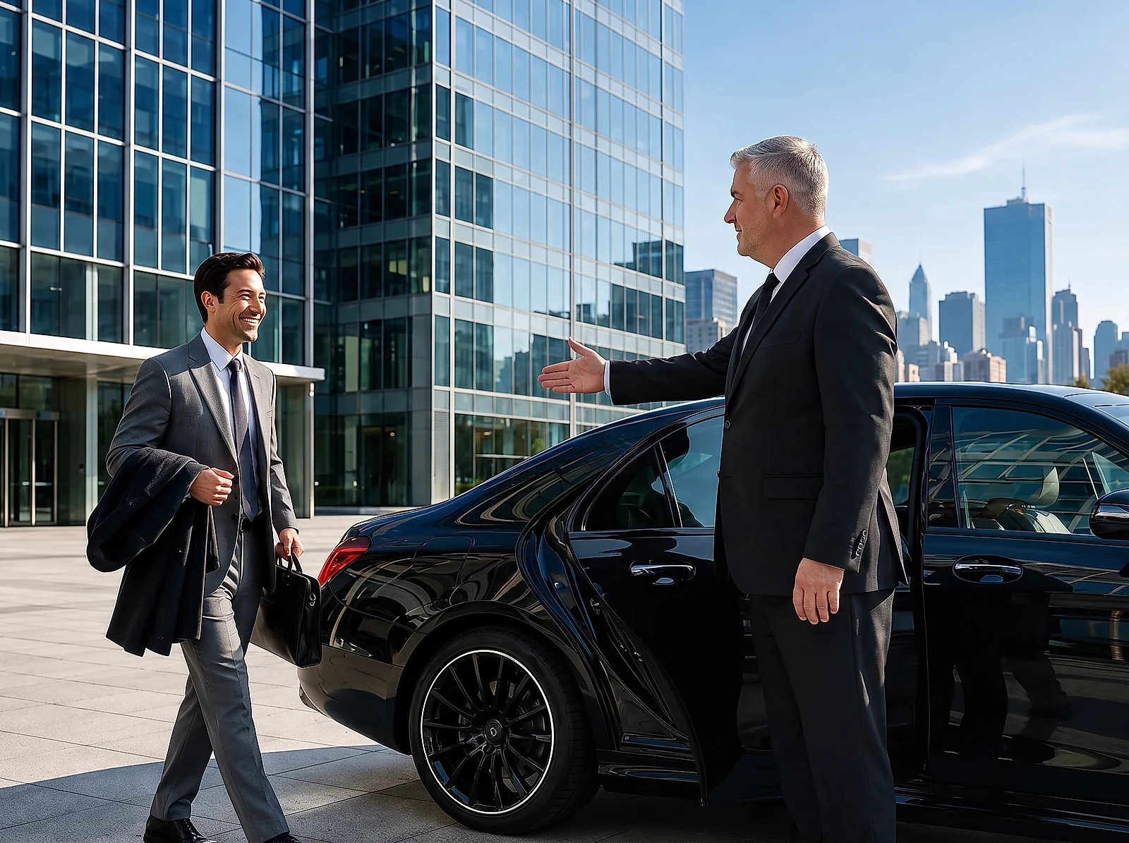 A silver-haired chauffeur beside a black Mercedes-Benz S-Class extending a welcoming hand to a smiling business client arriving with a briefcase outside a modern glass office tower
