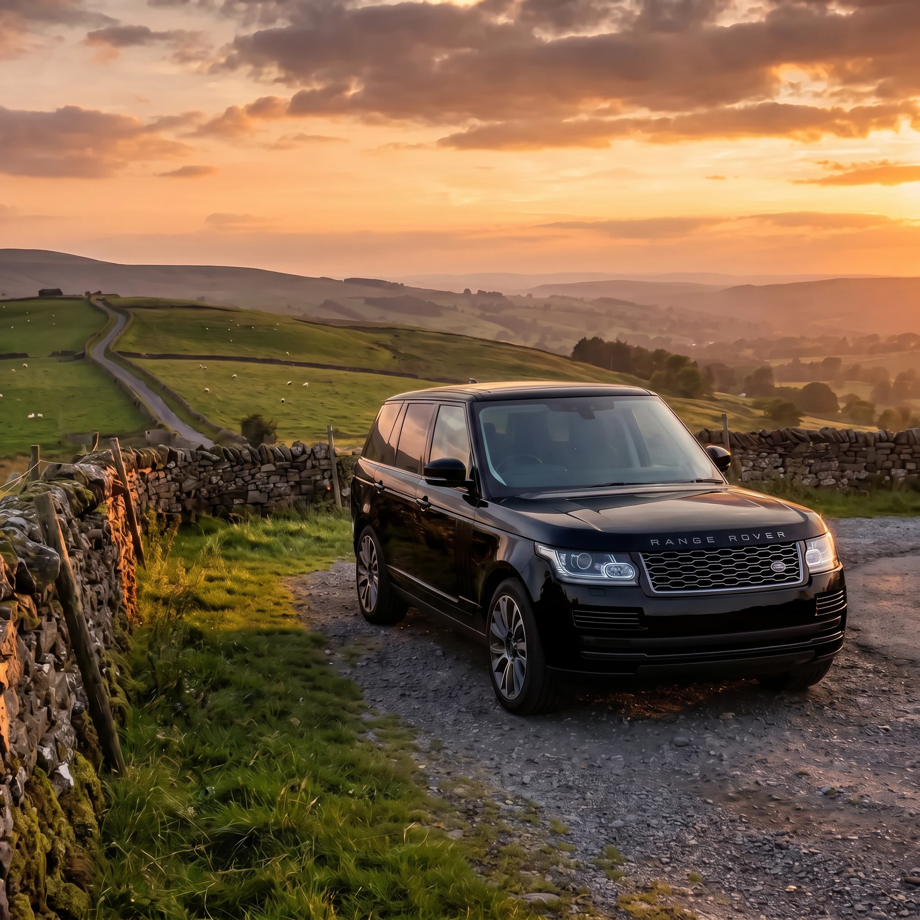 Black Range Rover parked on a gravel track beside a dry-stone wall, looking out over rolling hills at golden hour