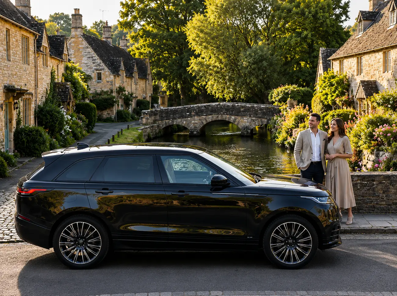 Black Range Rover with a smiling couple beside a honey-stone Cotswolds village and its arched stone bridge over the river