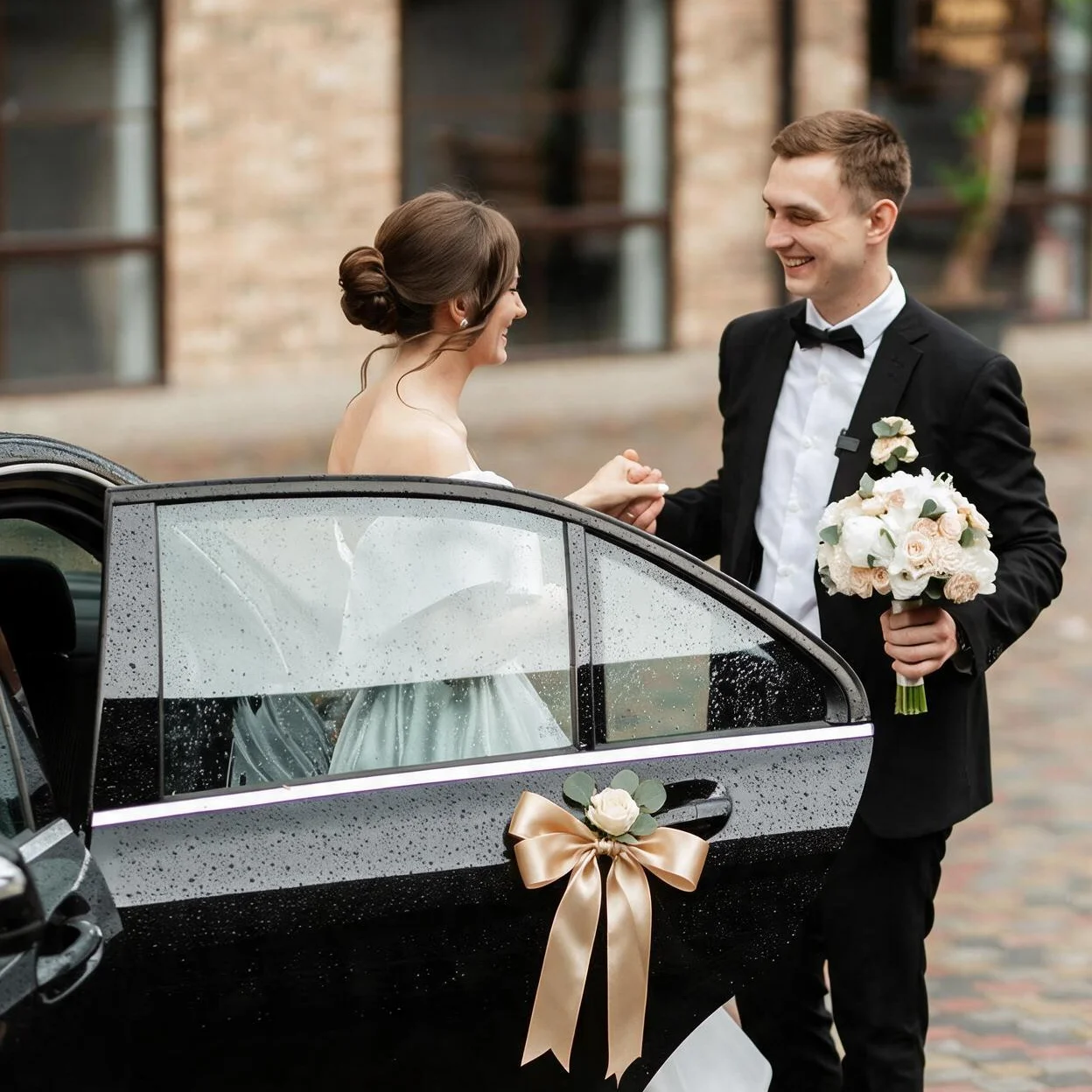 Groom taking the bride's hand as she steps from a ribbon-decorated black wedding car