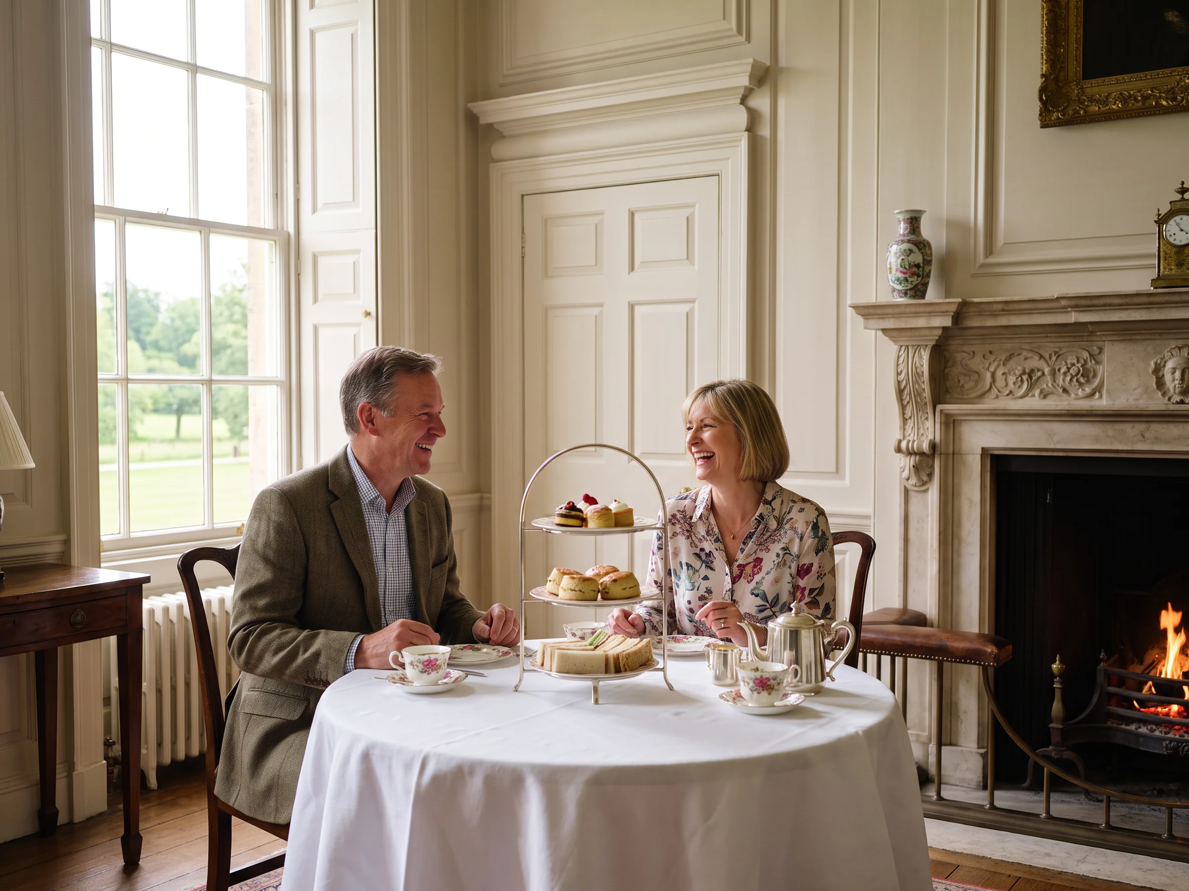 Couple laughing over afternoon tea at a linen-laid table in a country-house drawing room, with parkland beyond the tall sash windows