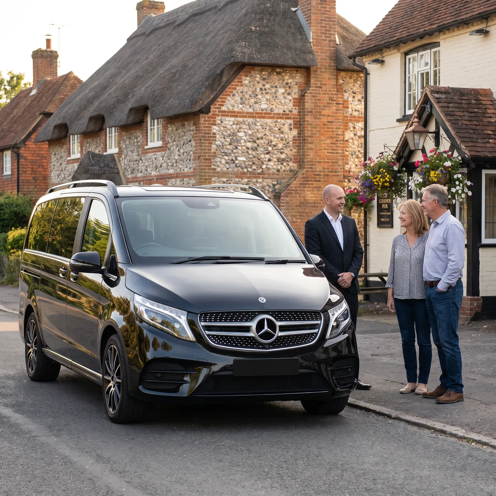 Chauffeur talking with a couple beside a black Mercedes-Benz V-Class in a Hampshire village of thatched cottages