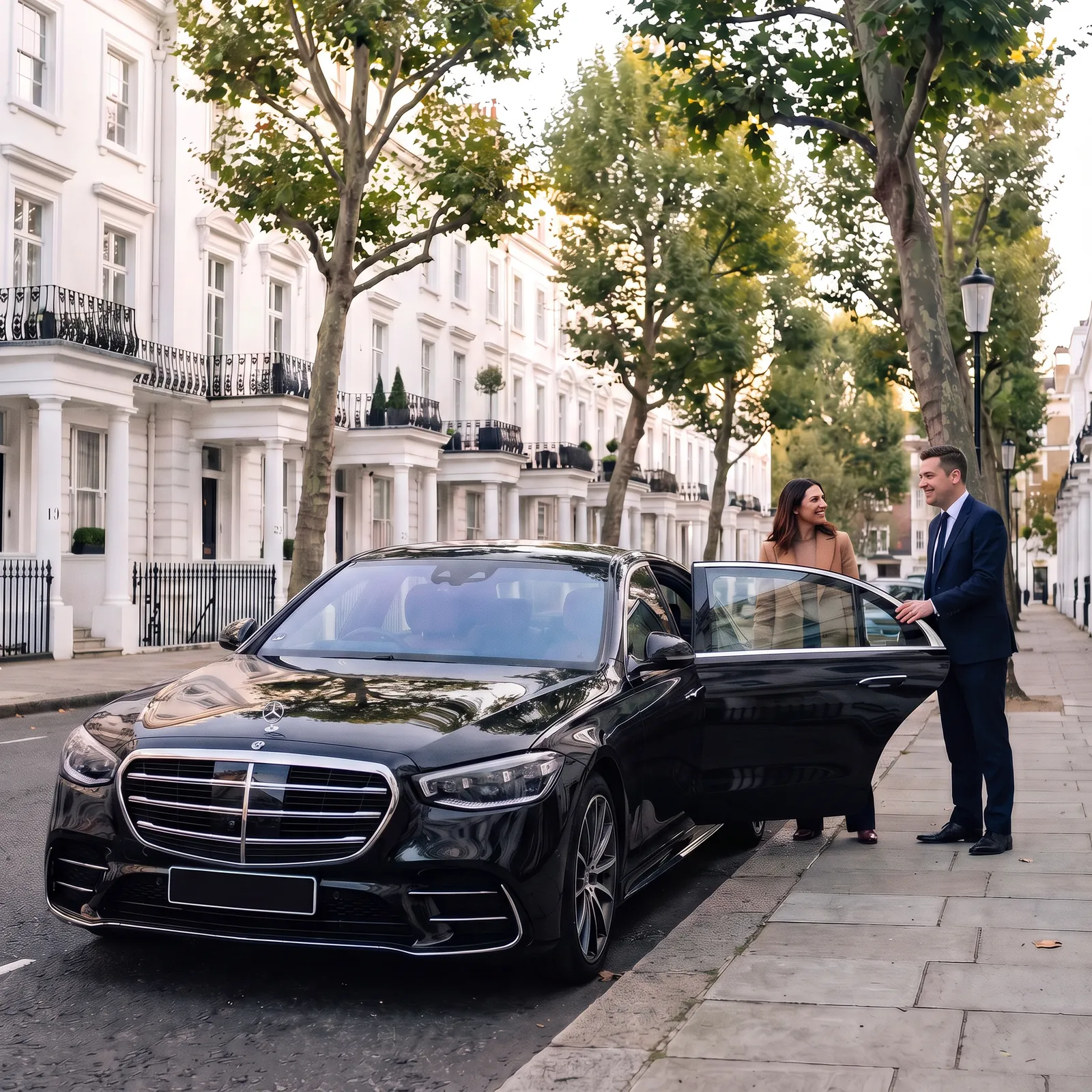 DRVSTAR chauffeur holding the rear door of a black Mercedes-Benz S-Class for a guest on a white stucco London street