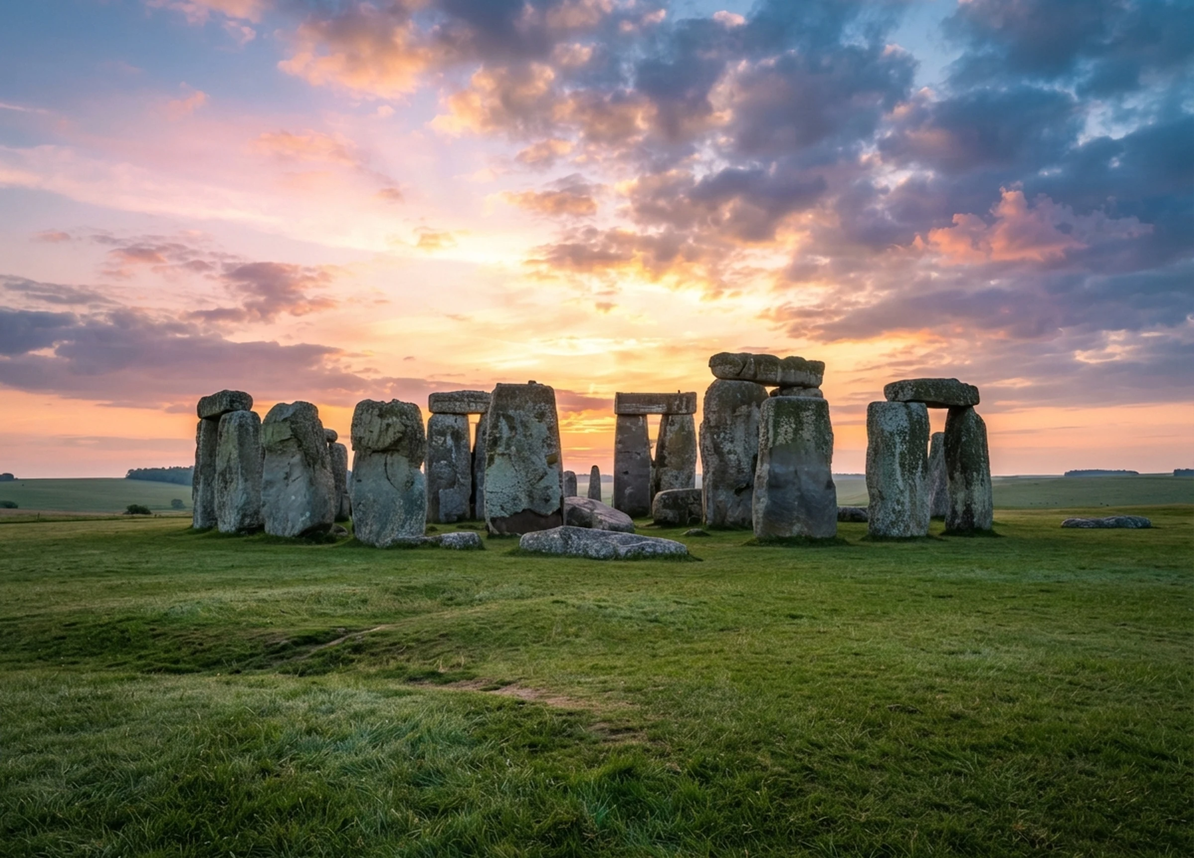 Stonehenge at sunset, the stone circle silhouetted against an orange and violet sky