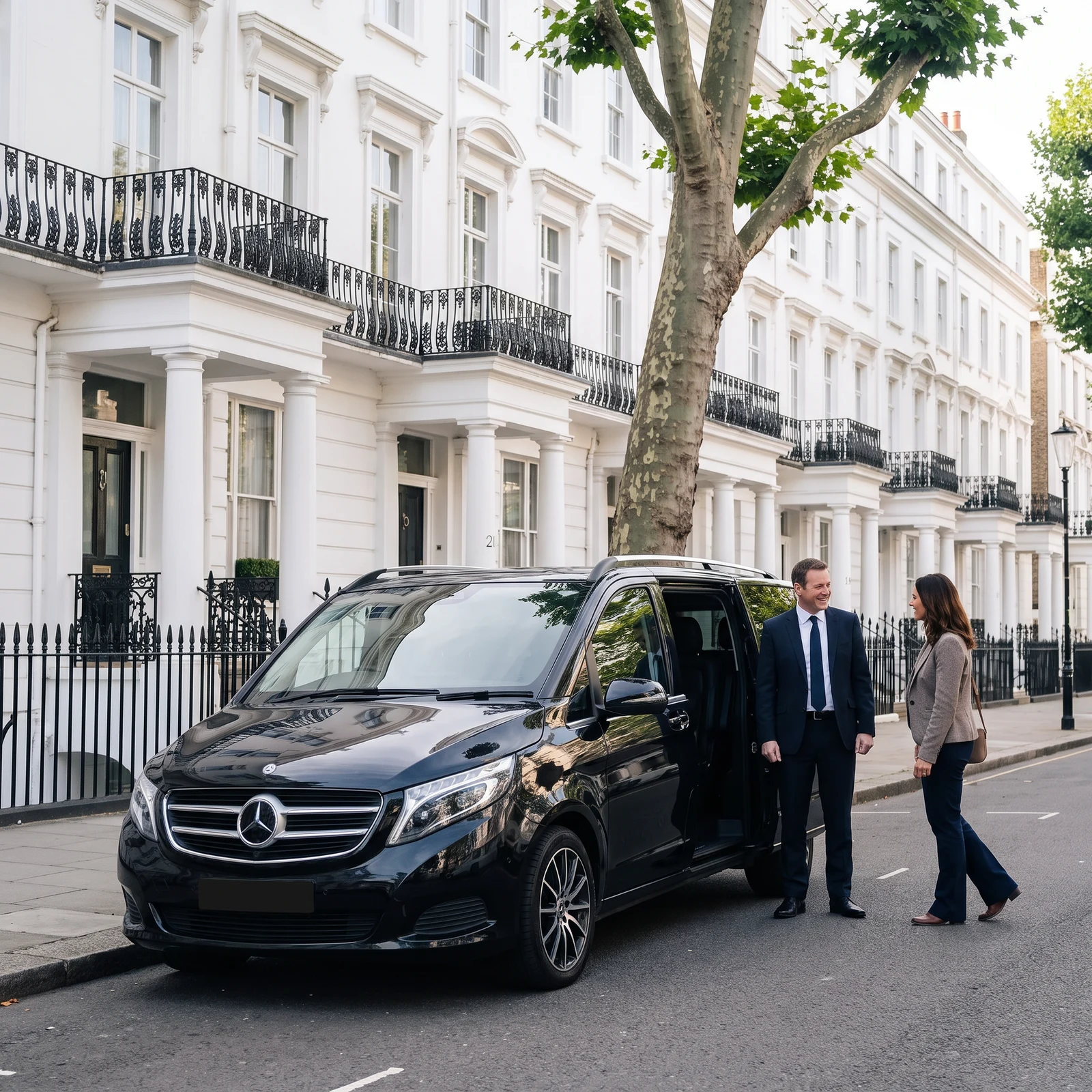 Chauffeur holding the sliding door of a black Mercedes-Benz V-Class open as a traveller approaches on a quiet London street