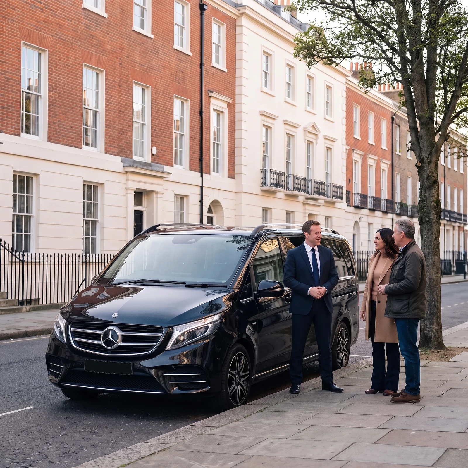Chauffeur talking with a couple beside a black Mercedes-Benz V-Class on a quiet Georgian street