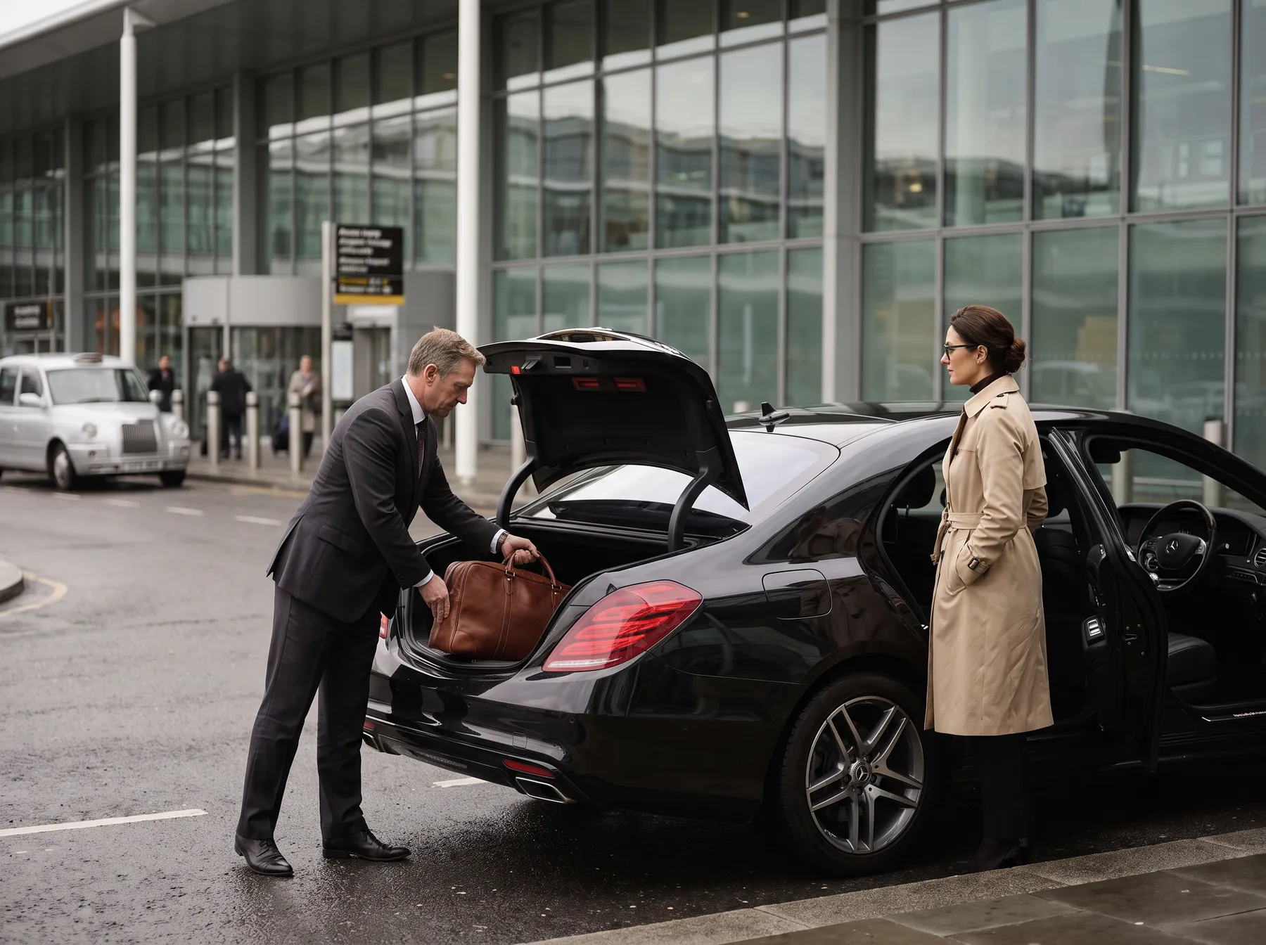 Chauffeur loading luggage into a black Mercedes-Benz S-Class outside a Heathrow terminal