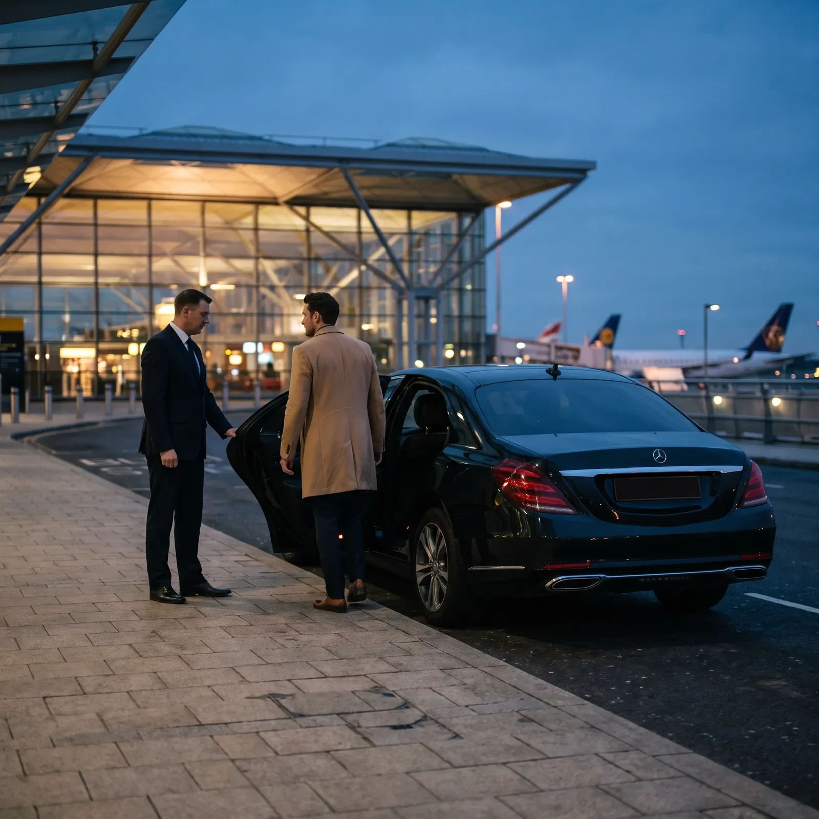 Chauffeur holding the rear door of a black Mercedes-Benz open for a traveller outside a Heathrow terminal at dusk