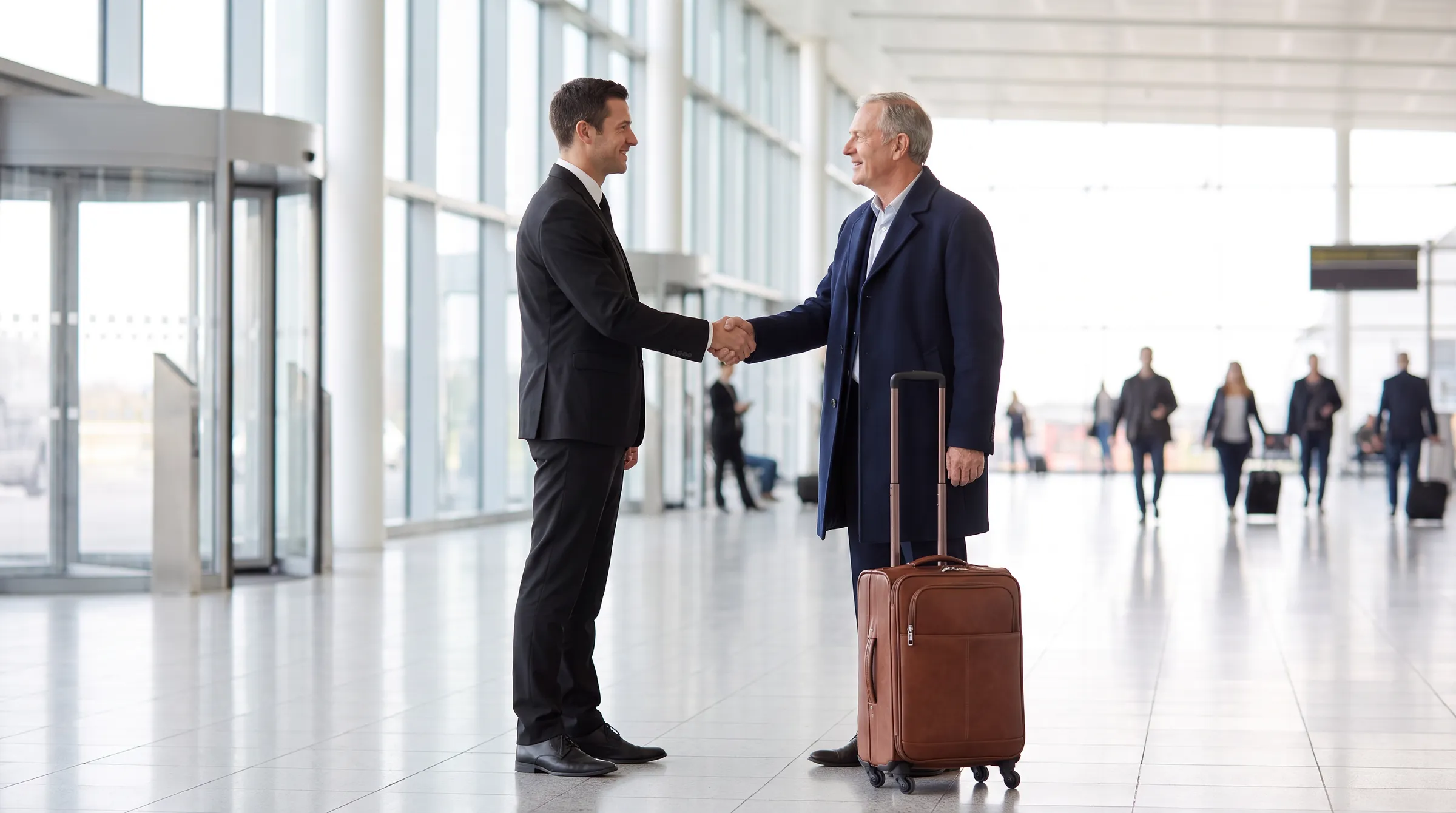 DRVSTAR chauffeur welcoming an arriving traveller inside the Heathrow terminal