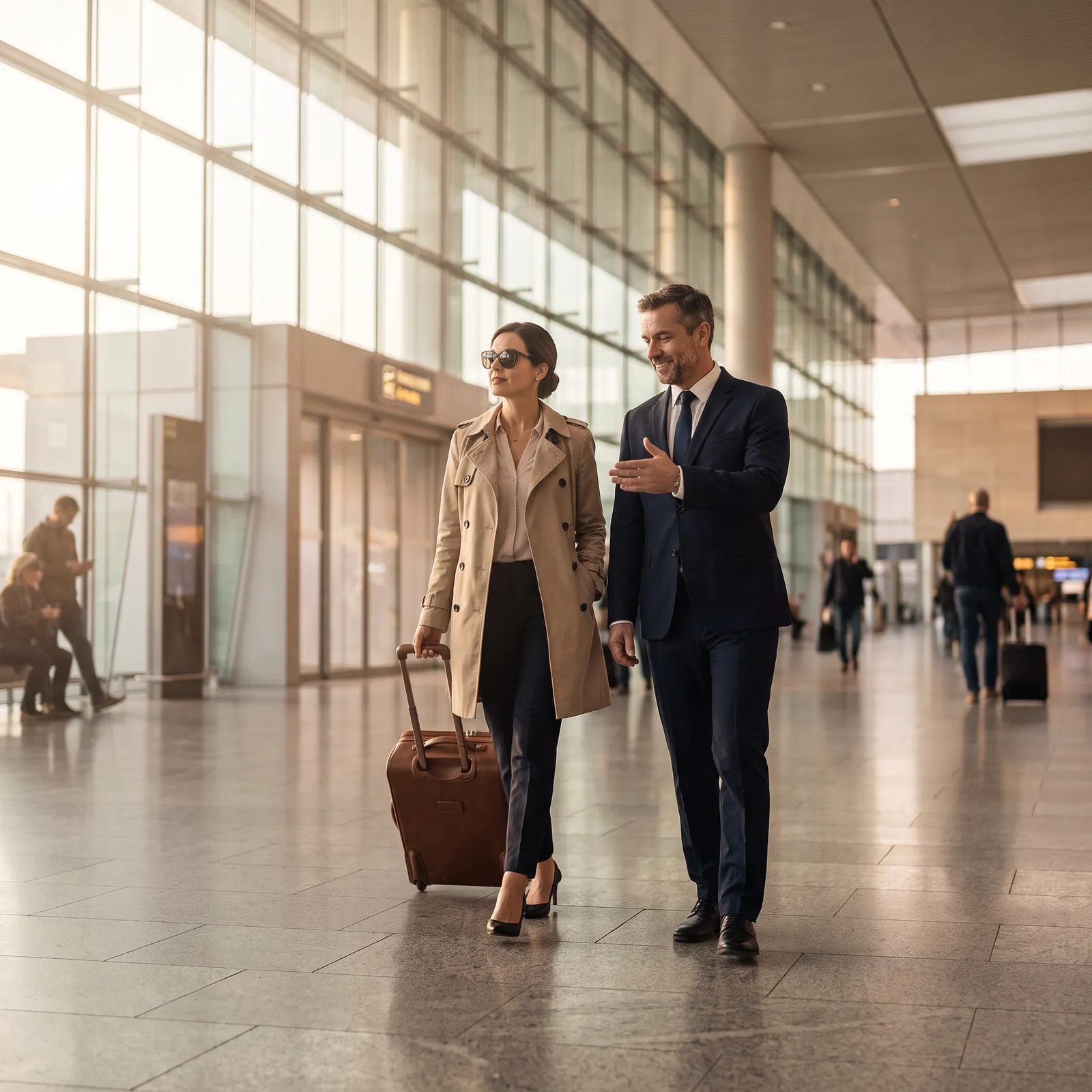 DRVSTAR chauffeur walking an arriving traveller through the Heathrow terminal