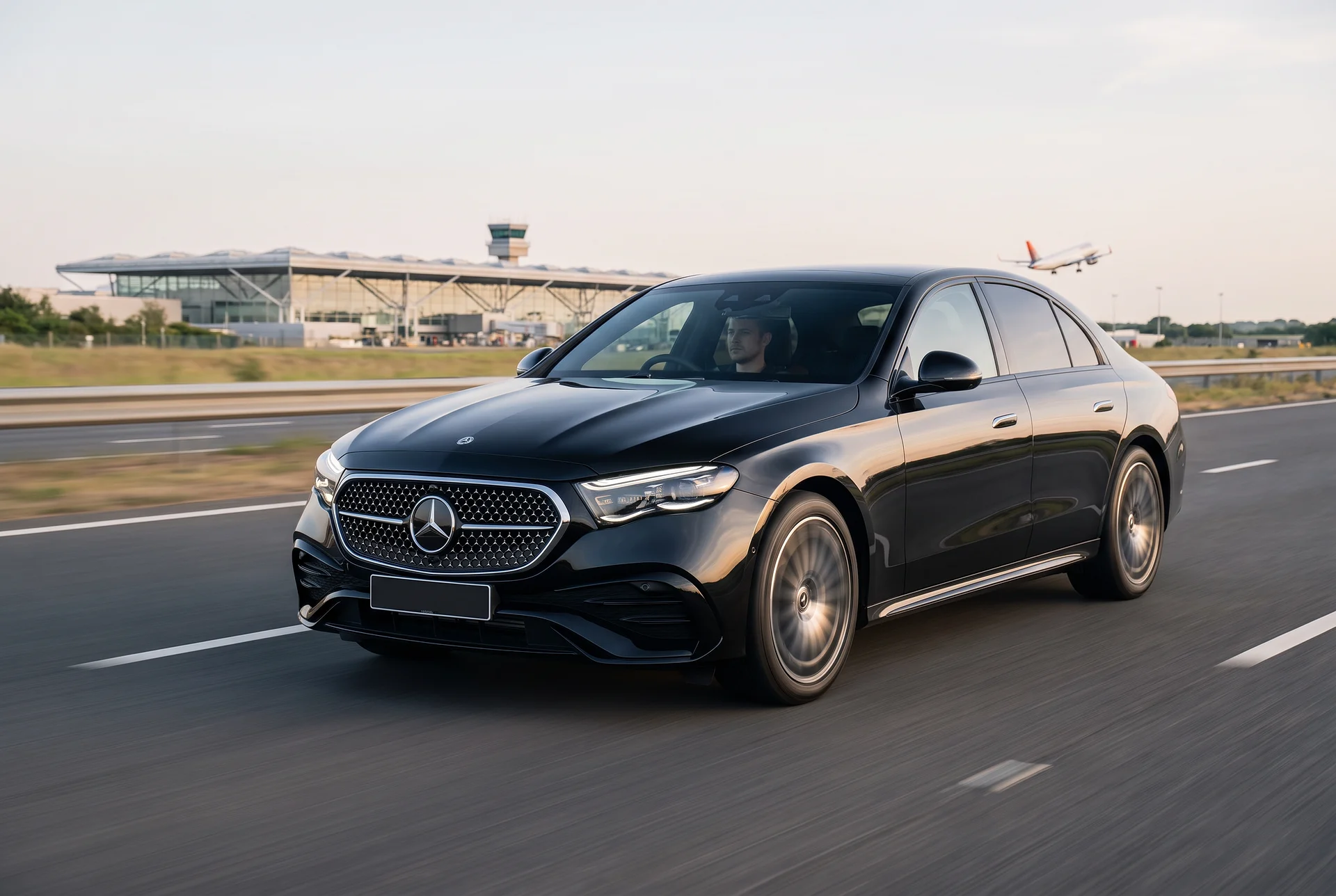 Black Mercedes-Benz E-Class on the approach road to Stansted Airport in late afternoon light