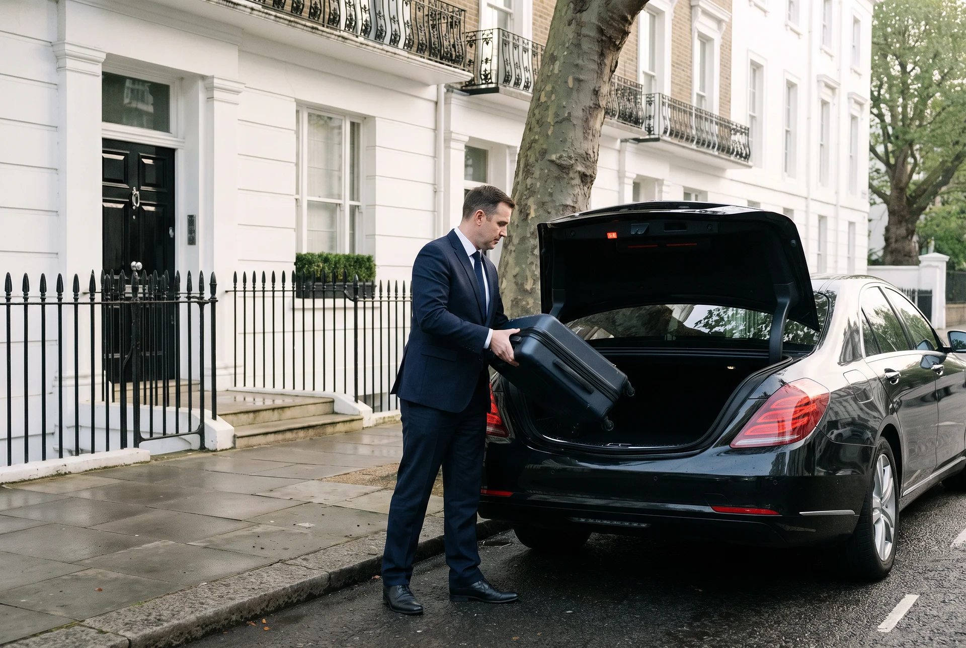 Chauffeur loading a suitcase into the boot of a black Mercedes-Benz outside a London townhouse in the early morning