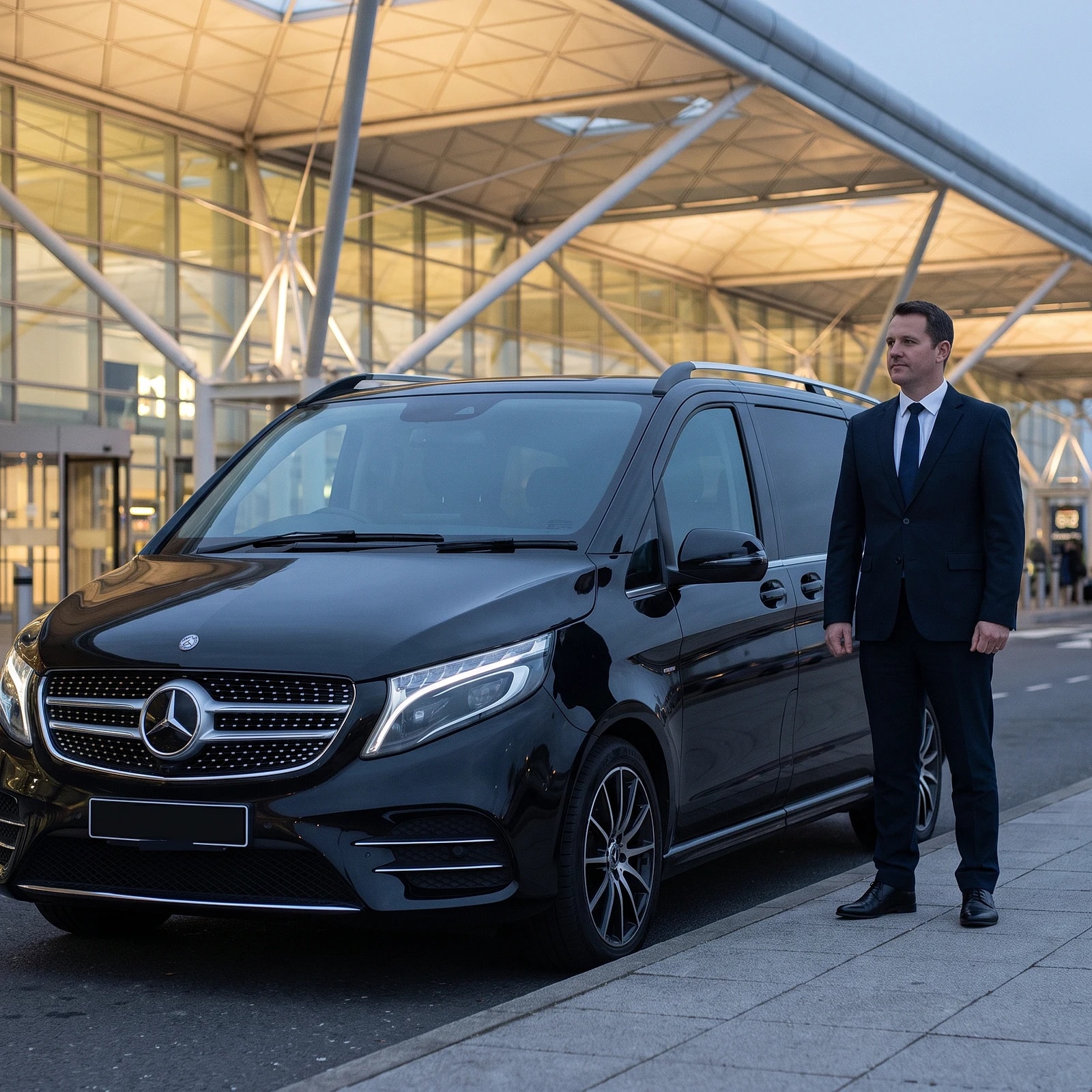 DRVSTAR chauffeur beside a black Mercedes-Benz V-Class outside the Stansted terminal at dusk