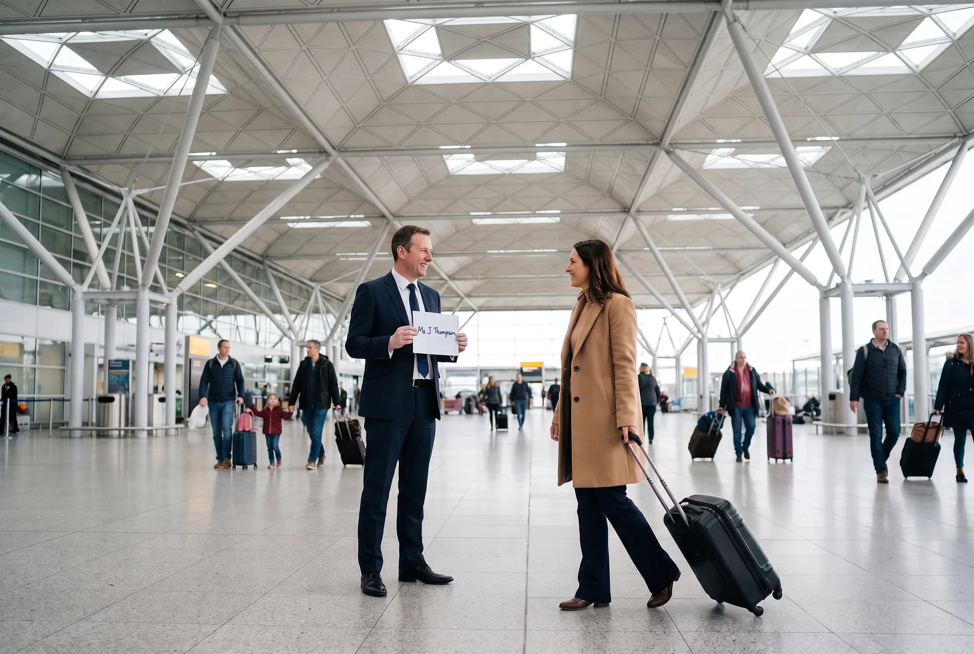 DRVSTAR chauffeur holding a handwritten name board in the Stansted arrivals hall as a traveller approaches