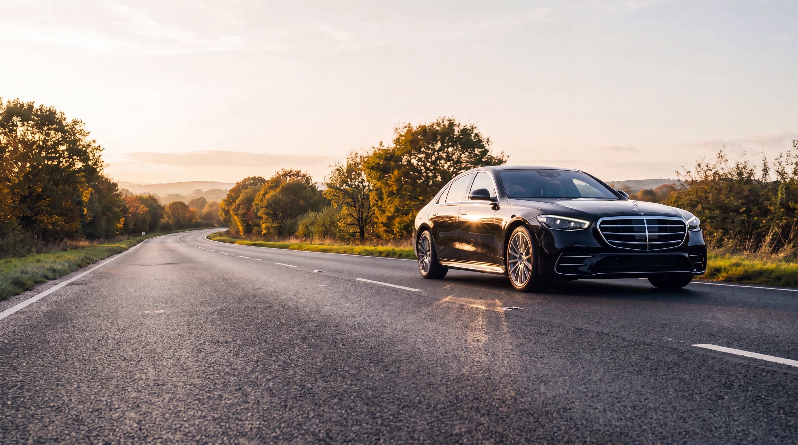 A black Mercedes-Benz S-Class flagship saloon on a tree-lined country road at golden hour