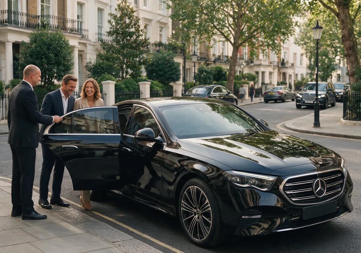 A DRVSTAR chauffeur greeting guests and holding the door of an E-Class on a London street