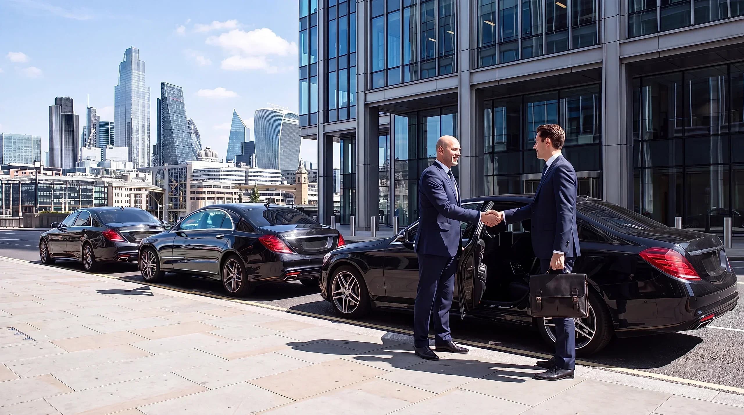 A line of black Mercedes-Benz S-Class cars outside a London corporate tower, a chauffeur shaking hands with a business client, the City of London skyline behind