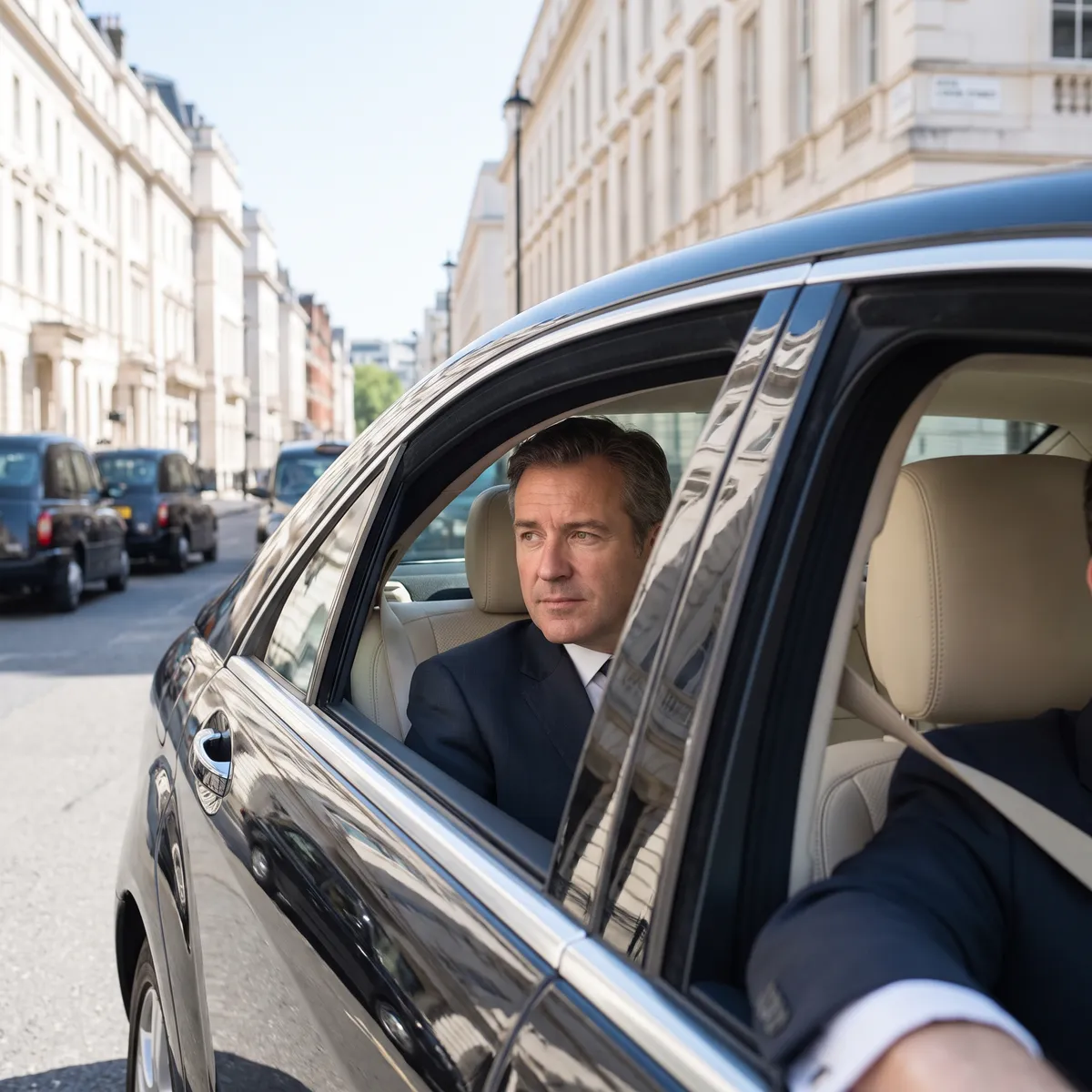 A business executive seated in the rear of a chauffeur-driven black Mercedes-Benz on a London street