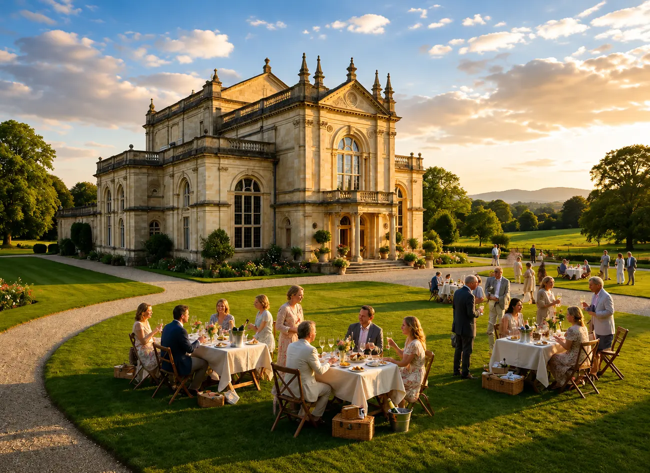Guests picnicking on the lawns of a grand country opera house at golden-hour dusk