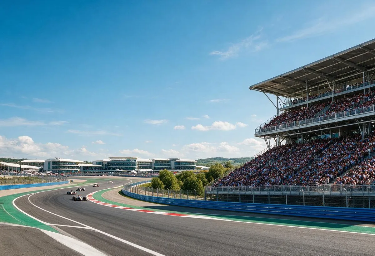 Racing cars on a motorsport circuit with packed grandstands on race day