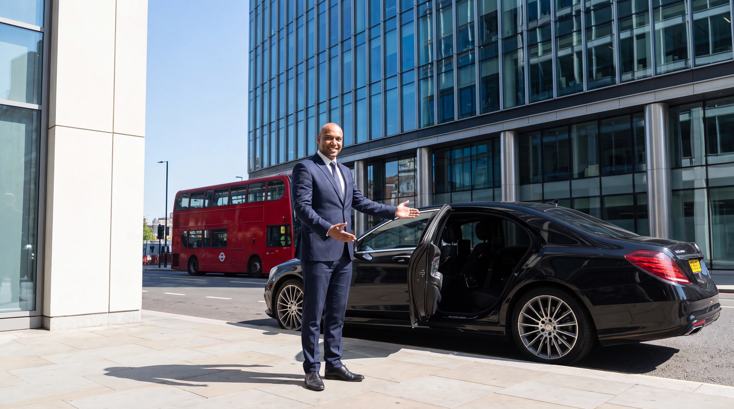 A smiling chauffeur in a navy suit gesturing a welcome to the open rear door of a black Mercedes-Benz S-Class outside a modern London office, a red London bus passing behind