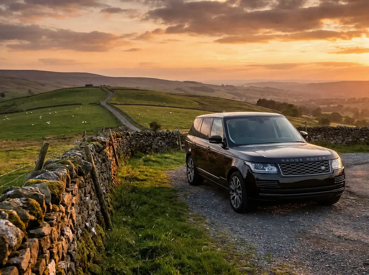 Black Range Rover at a scenic English countryside viewpoint beside a dry-stone wall at golden hour