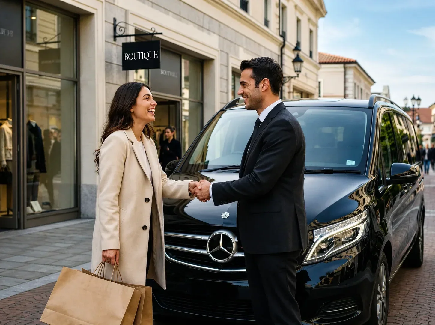 Smiling chauffeur greeting a happy customer holding designer shopping bags beside a black Mercedes-Benz V-Class at a designer outlet village