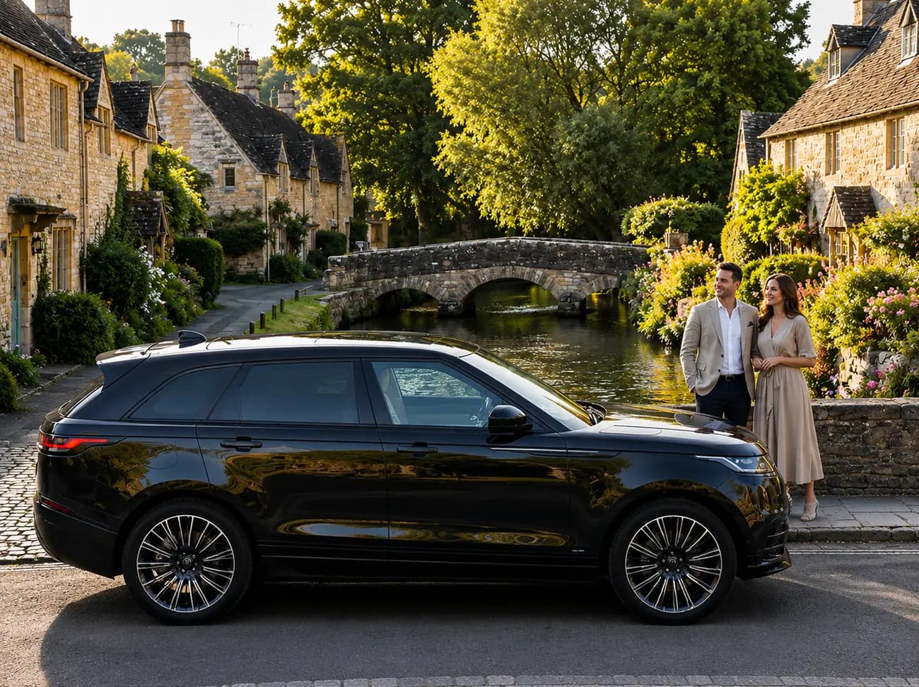 Black Range Rover with a smiling couple beside a honey-stone Cotswolds village and its arched stone bridge over the river