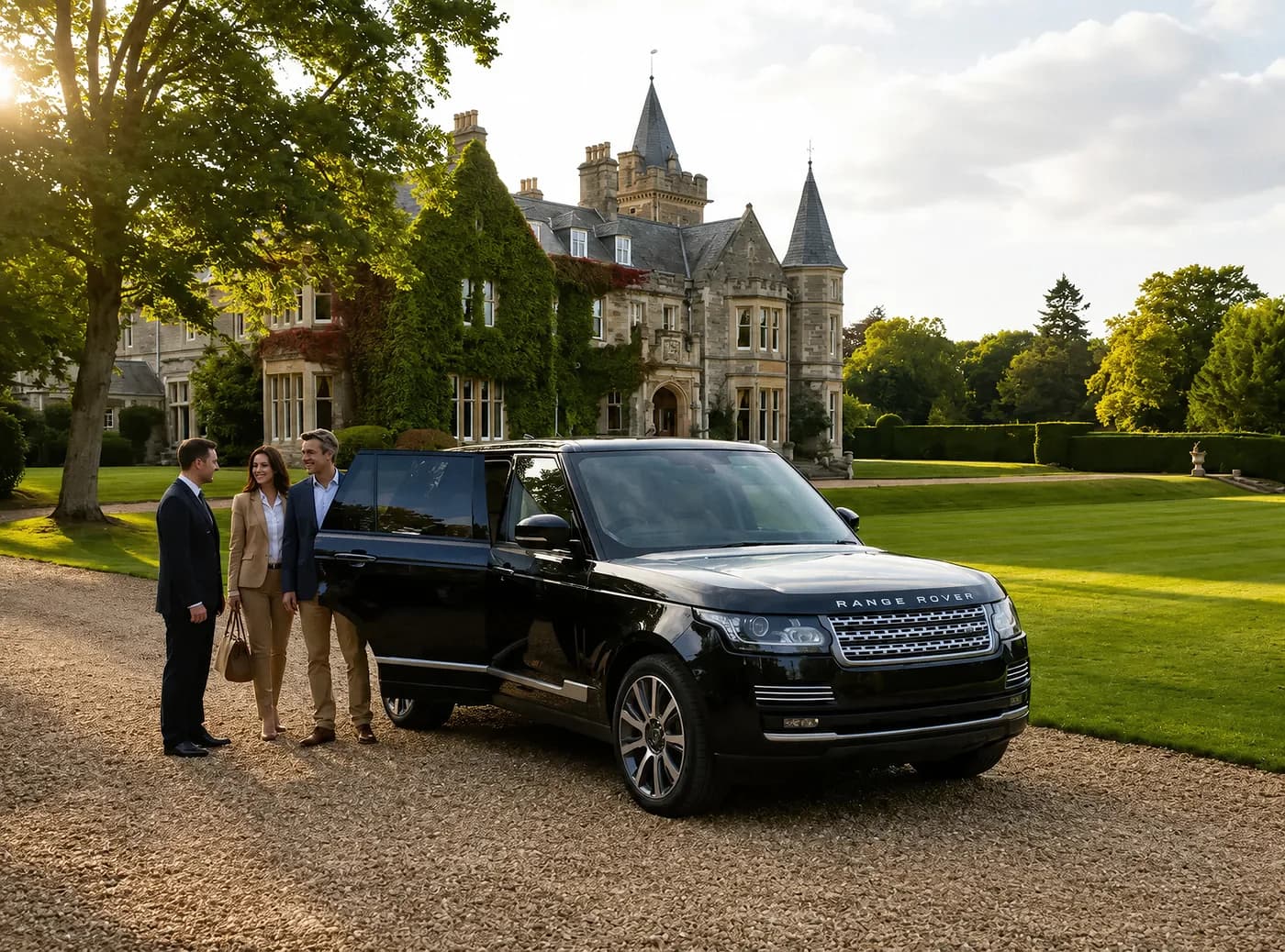 A bare-headed chauffeur with a smiling couple beside a black Range Rover on the gravel drive of a grand ivy-clad English stately country house