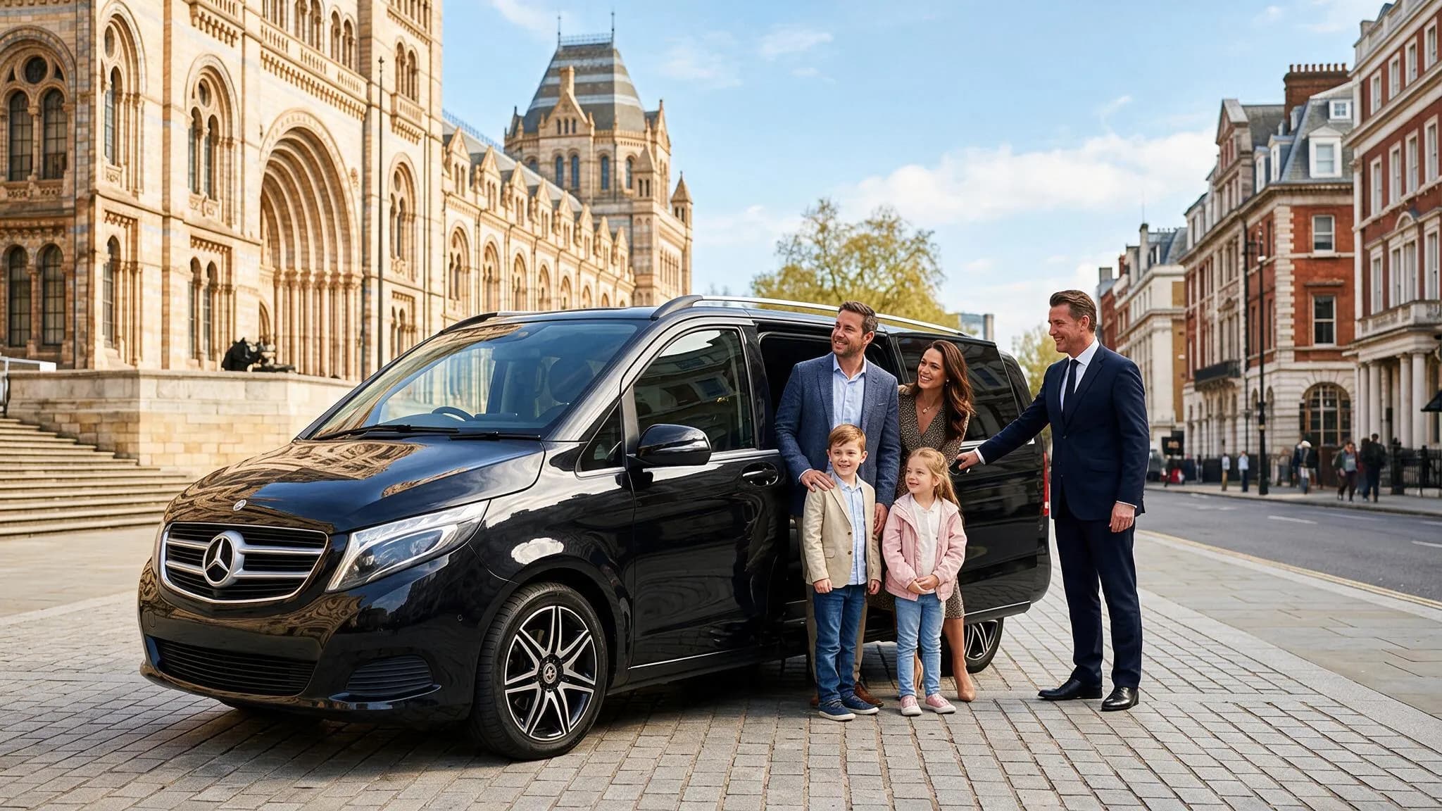 Chauffeur welcoming a family into a black Mercedes V-Class outside the Natural History Museum on a private London tour