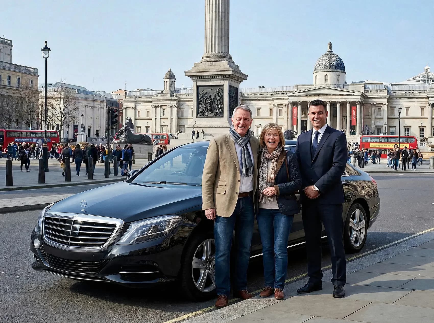 Smiling chauffeur with a happy couple beside a black Mercedes-Benz S-Class in Trafalgar Square, Nelson's Column and the National Gallery behind