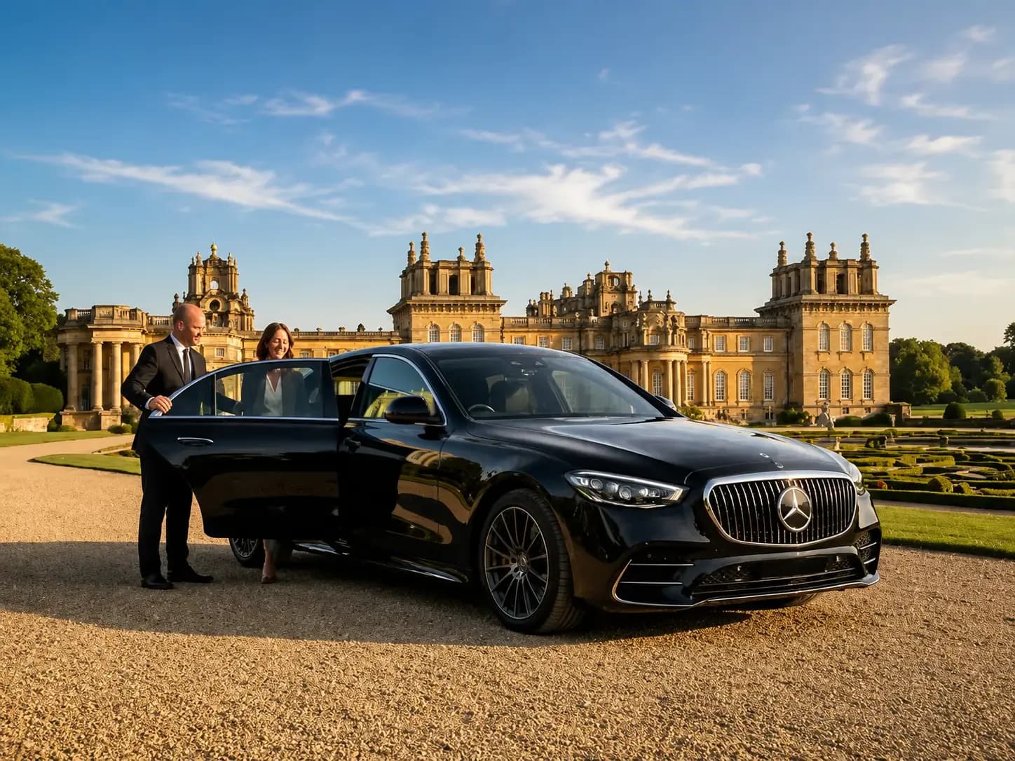 Black Mercedes-Benz S-Class on the gravel drive in front of Blenheim Palace, a bare-headed chauffeur holding the door open for a smiling guest, formal gardens behind