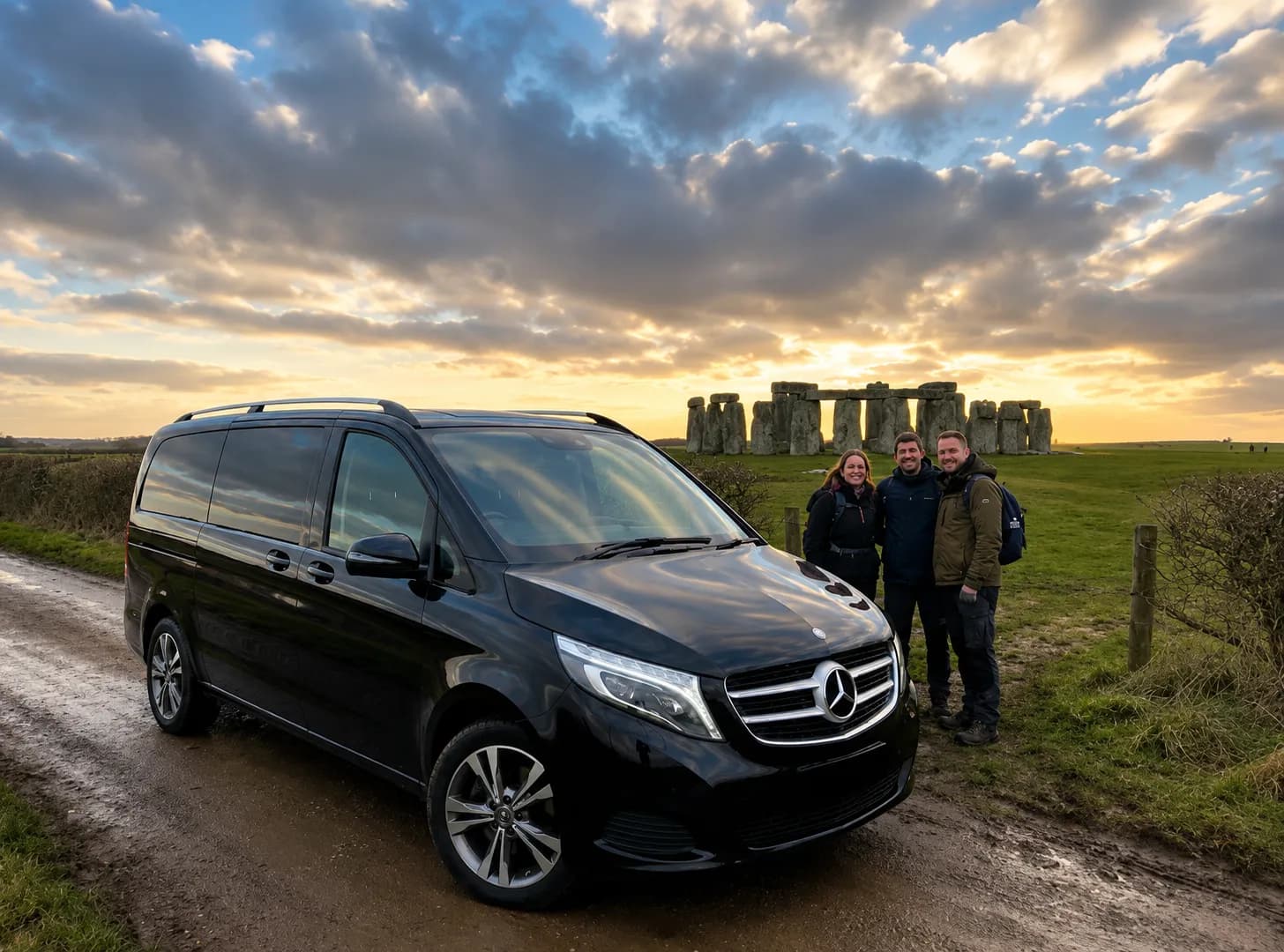 Black Mercedes-Benz V-Class with three smiling travellers beside the standing stones of Stonehenge at sunset