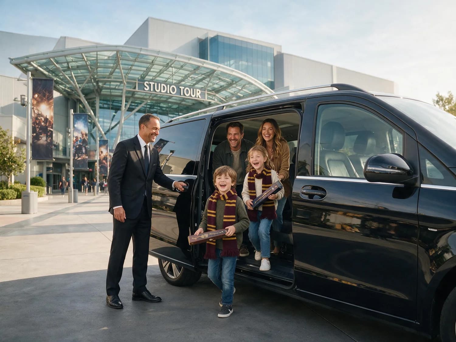 Excited children in striped scarves holding wand boxes step from a black Mercedes-Benz V-Class held open by a chauffeur outside a large glass-fronted studio tour entrance