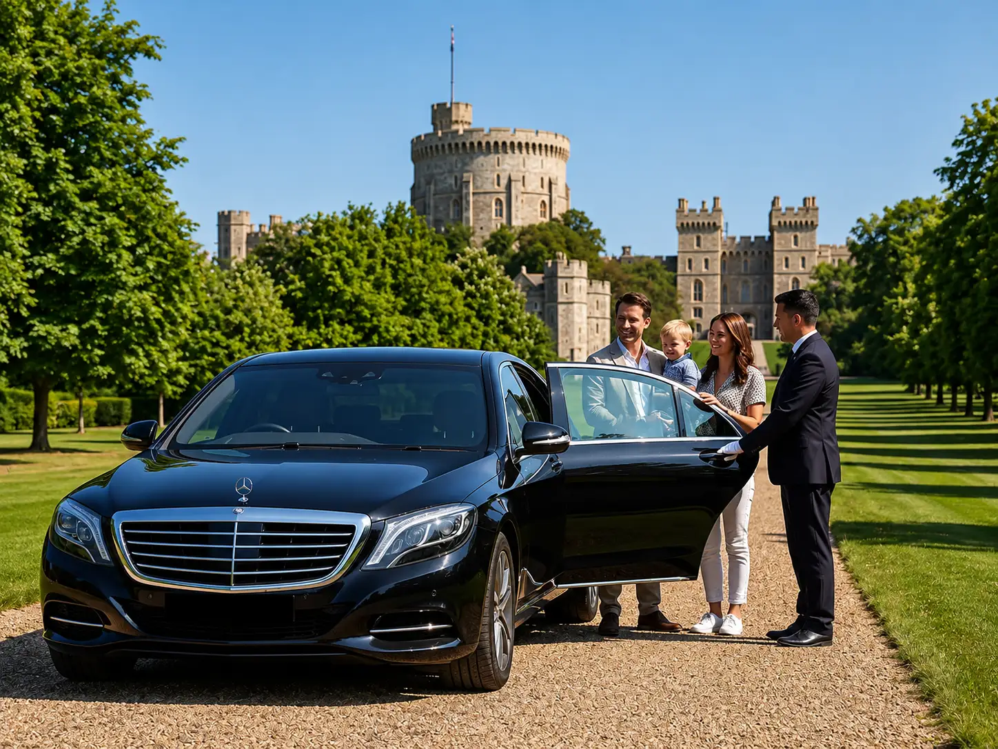 Black Mercedes-Benz S-Class with a bare-headed chauffeur welcoming a smiling family, Windsor Castle's Round Tower behind