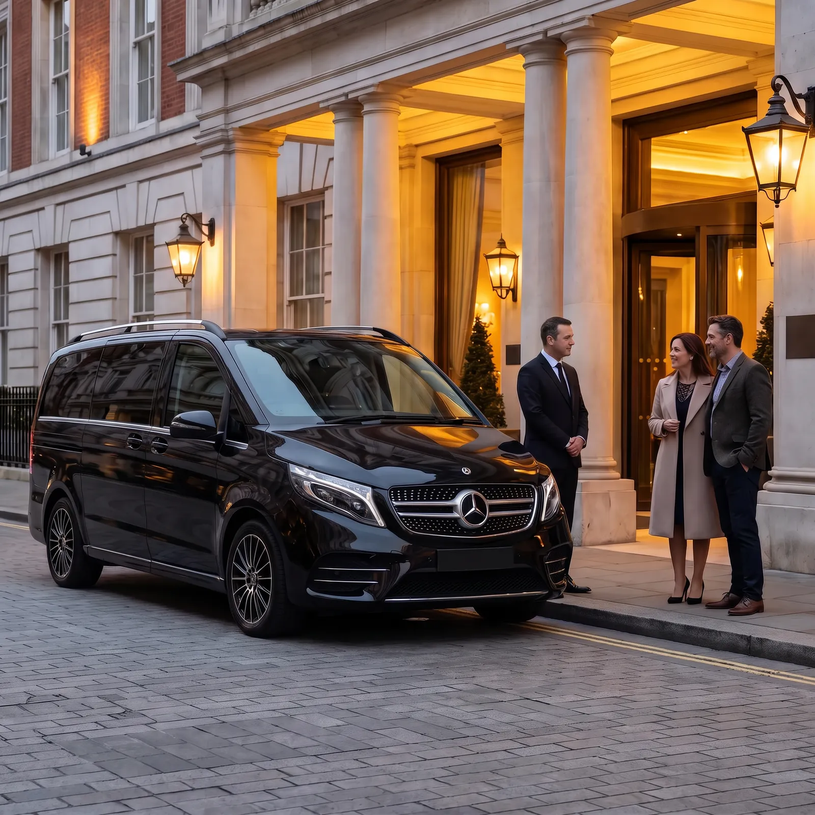 Chauffeur talking with a couple beside a black Mercedes-Benz V-Class outside a grand London hotel entrance in the evening